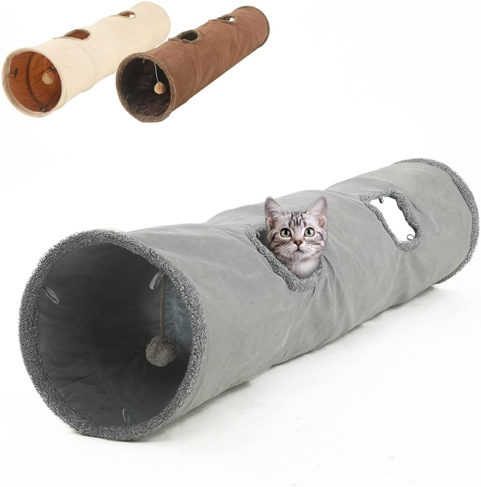 Sheripet Cat Tunnel, 12"×51" Collapsible Cat Tunnel for Small Pets, Foldable Guinea Pig Tunnel with Toy Ball & Peek Hole, Grey