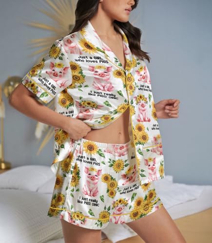 Image of HUNTFAMI Womens Soft Silky Satin Pajamas Set, 2 Pcs Sleep Short Pajamas for Mom and Grandma Button Down Summer Loungewear