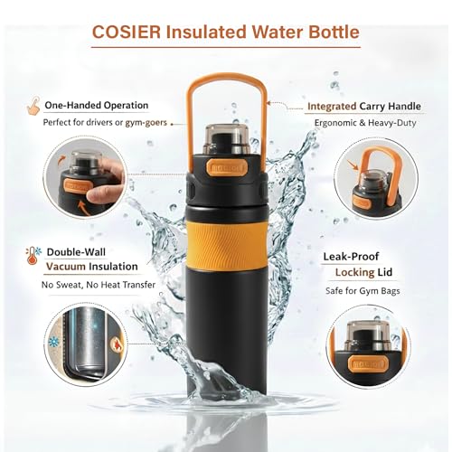 Image of 600ml Insulated Water Bottle with Straw - Premium SUS 316 Stainless Steel Sport Flask - Insulated Hot & Cold, Leak-Proof One-Click Flip Top - Gym & Travel Bottle (Midnight Gold)