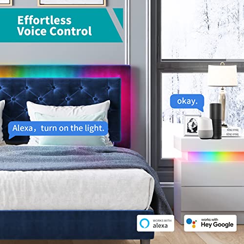 Balus Led Bed Frame/Velvet Upholstered Platform Bed Frame With Rgb Led Headboard /Music Sync Color Changing Led Light Strips&Compatible With Alexa Or App/Wood Slat Support/Easy Assembly(Queen, Blue) #TOP4