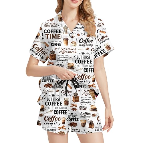 Image of Funny Pajamas for Women Set Print Satin Loungewear Pjs Short Sleeve Button Down Top and Shorts Sets Sleepwear XS-3XL