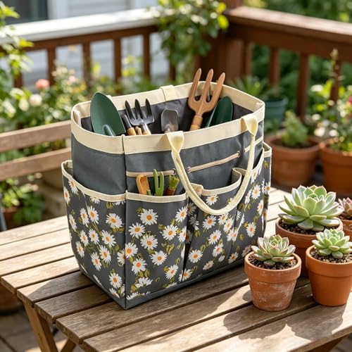 1 bolsa de ferramentas de jardim de lona resistente, bolsa organizadora de jardinagem grande com vários bolsos, suporte de jardinagem para ferramentas manuais e plantio