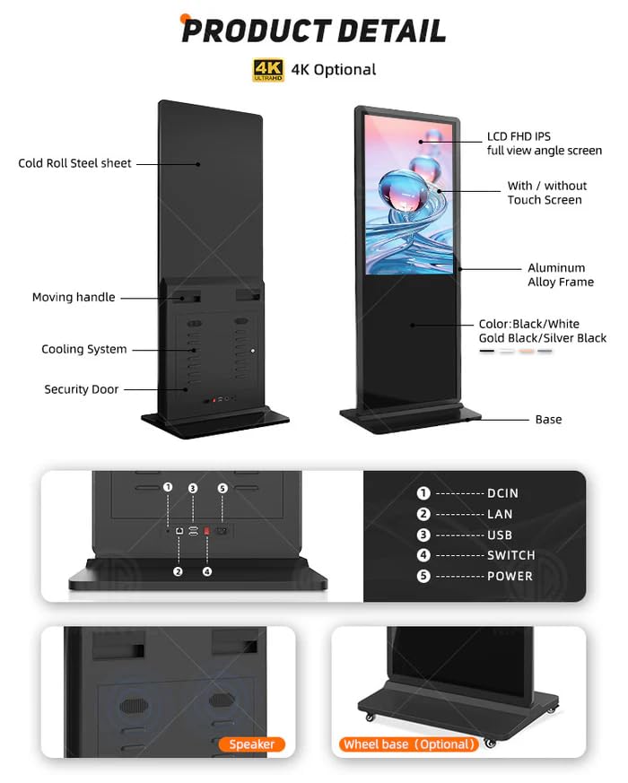 Image of 50 inch Indoor Single-Sided Floor-Standing LCD Advertising Koisk with Wheel Stand | Android RK3568 2GB+16GB | Non-Touch /Infrared /Capacitive Touch | CMS Preinstalled