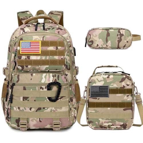 Similove Camo Backpack for Boys Tactical Boys Backpack with Lunch Box Pencil Case Kids Backpacks with USB Charging Port Military Army School Bookbag for Teen Boy Elementary Middle High School Camp