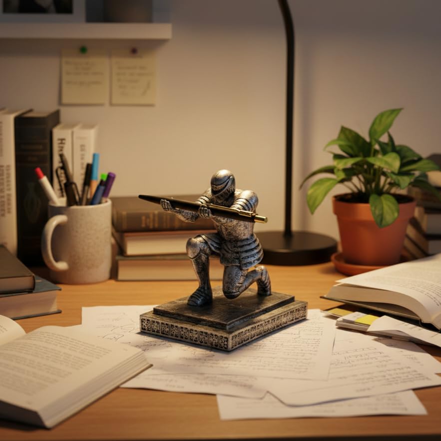 Image of ARNAVIRA Silver Antique Finish Warrior Knight Pen Holder /Soldier Pen Holder Pen Stand, Paperweight For office Table Desk, Table Top Pen Stand (Pen Not Included) (Silver Antique, The Knight /Soldier)