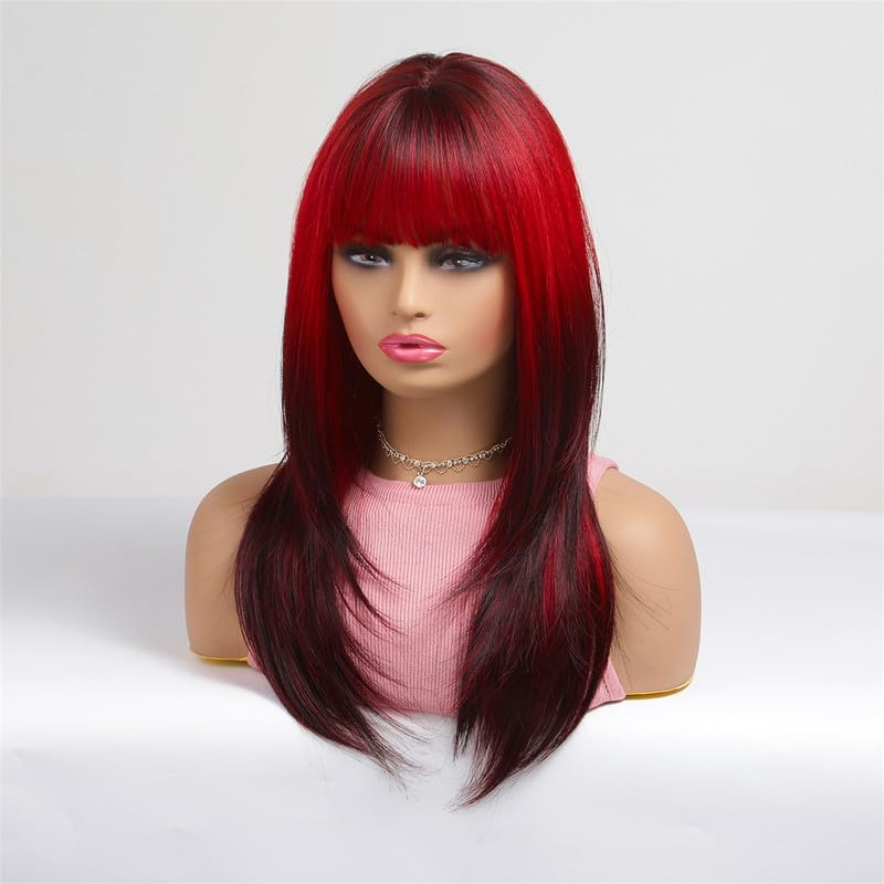 Miniatura 3 de vedar Peluca roja y negra con raíces oscuras con flequillo, longitud al hombro, pelucas sintéticas rectas naturales de color rojo degradado para