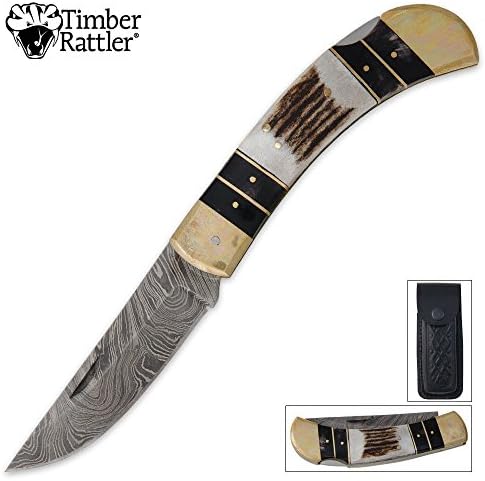 Timber Rattler Damascus Stag Pocket Knife