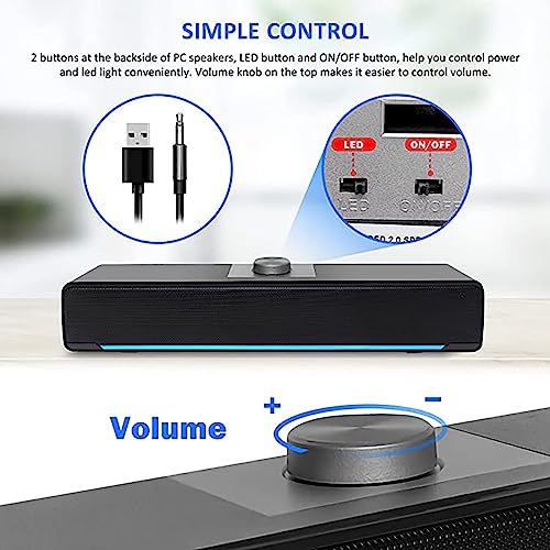 Computer Speakers, Phission 2.0 Stereo Usb Powered Sound Bar Speakers With Blue Led Light And 3.5 Mm Aux Connection For Computer Desktop Laptop Pc Monitor(Upgrade) #TOP3