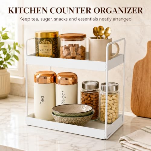 Image of Homeor 2-Tier Metal Countertop Organizer | Heavy Duty Standing Rack for Kitchen Spice Storage & Bathroom Vanity | Multi-Purpose Shelf For Kitchen, Cosmetic & Toiletry Display Shelf, White