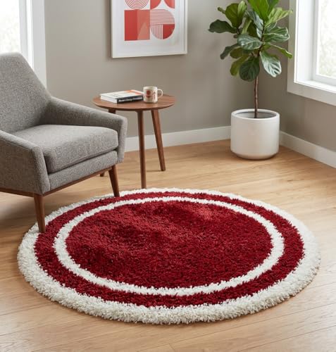 Image of Shaggy Polyester Microfiber Round Rug Carpet for Living Room | Ultra Soft Fluffy Plush Area Rug | Anti-Skid Non-Slip Backing | Washable Carpet for Bedroom- (2x2 feet, Ring Red, Round)