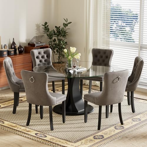 Image of 7-Piece Dining Table Set with 47In Tempered Glass Table and 6 Velvet Upholstered Chairs, Modern Scandinavian Furniture for Dining Room Kitchen(Gray)