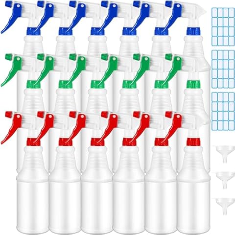 Yinder 18 Pcs 16 Oz Plastic Spray Bottle Bulk Empty Refillable Spray Bottles for Cleaning Solution Leak Proof Water Sprayer Bottle with Adjustable Nozzle Mist/Stream Mode (Red, Blue, Green) Cover