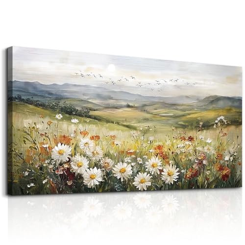 FUHAIHUA Large Framed Wall Decor For Living Room Canvas Wall Art For Office Farmhouse Wall Decorations For Bedroom Prairie Flowers Landscape Paintings Modern Pictures Artwork Home Decor 24" x 48"