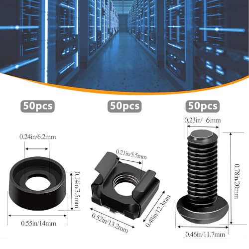 Nivithi SR620 Schrauben M6 x 20 + Käfigmuttern – 50 Sets für 19-Zoll-Rack – Schrauben für Serverschacht, Netzwerkschränke und Installation – Käfigmuttern aus schwarzem Zink für Rack-Verwendung