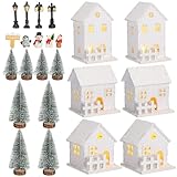 Suzile 23 Pcs Christmas Village Sets LED Lighted Village Houses Xmas Miniature Resin Ornament Frosted Christmas Trees Accessories Desktop Ornament for Winter Holiday(Classic Style)