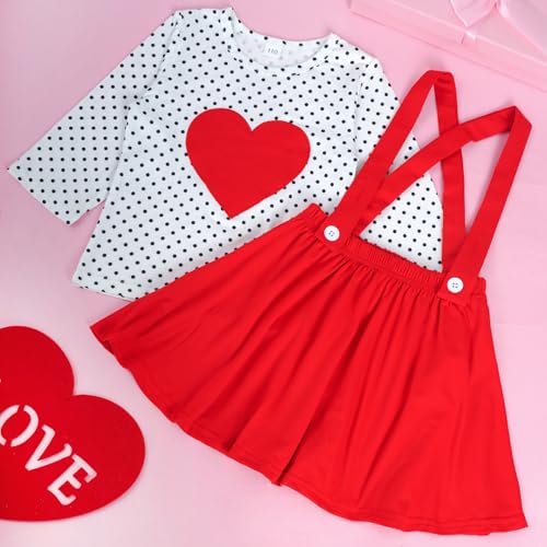 Image of Girls Valentine's Day Dress Outfit, Long Sleeve Dot Heart Shirt Top and Red Suspender Strap Skirts Set (Red, M)