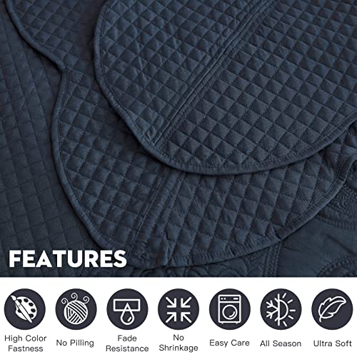 Image of Oversized King Bedspread 128x120 Extra Wide, Stitched Paisley Quilt Set King /Cal King, Lightweight Reversible Coverlet, Scalloped Edge - Classic Navy Elegance, 5 Piece, Navy