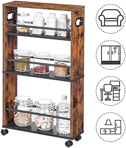 HOOBRO Slim Storage Trolley, Narrow Kitchen Cart, Slide Out Kitchen Trolley on Wheels, 4-tier Rolling Utility Cart with Handle, for Small Space, Bathroom, Living Room EBF15TC01