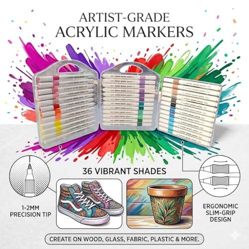 Image of Professional Acrylic Paint Markers Set, 36 Vibrant Colours, Brush Tip, Water-Based, Non-Toxic, for Rock Painting, Canvas, Glass, Wood, School Projects, with Portable Storage Case