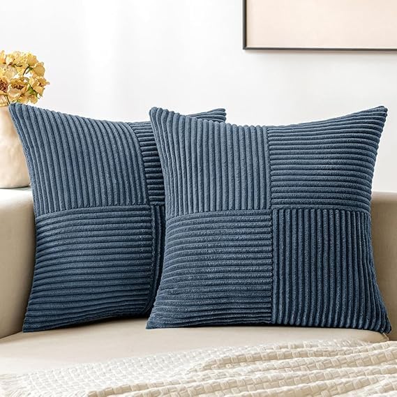 Image of Guffaw Corduroy Pillow Covers Boho Decorative Spliced Throw Pillow Covers Soft Solid Couch Pillowcases Cross Patchwork Cushion Covers for Living Room Bed Sofa 16x16 inch (2, Blue)