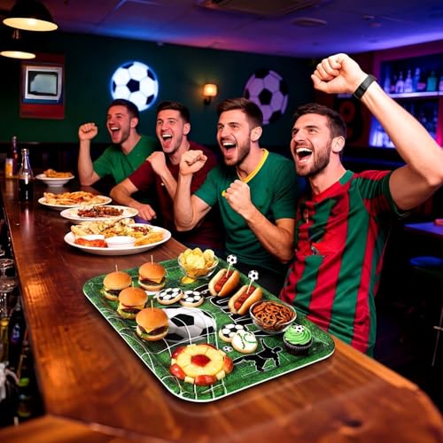 Vesici 4 Pack Soccer Melamine Serving Trays, 13 x 10 in Rectangular Serving Platters with Goal Field & Ball Pattern, Reusable Snack Appetizer Dessert Trays for Game Day Parties, Easy Clean by Vesici - Used condition - Image 5