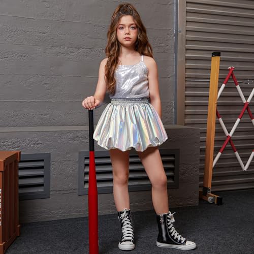 Image of Perfashion Girls Bubble Skirt Metallic Puff Balloon Cute Mini Skorts Dance Outfits with Shorts 4-13Y