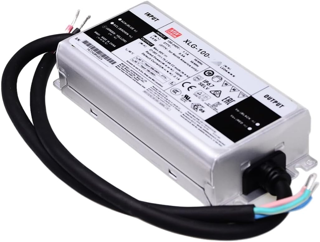 Mean Well XLG 100W 12V 8A LED Driver， XLG-100-12-A Switching Power Supply Converter Transformer with IP67, PFC Function, Io adj by Potmeter, Metal House Wire Leads