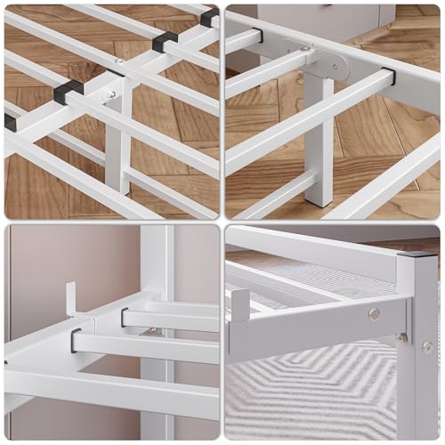Bett 120x200 mit Lattenrost,Bettgestell Metallbett 120x200 cm mit Kopfteil,Bettrahmen aus Metall-27cm Hoch,Doppelbett Gästebett Jugendbett KeinBoxspringbett mit Stauraum,Weiß – Bild 5