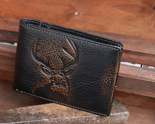 Image of DK86 Deer Wallet for Men Slim Rfid Bifold Genuine Leather 2 ID Window With Gift Box (black brown with deer)