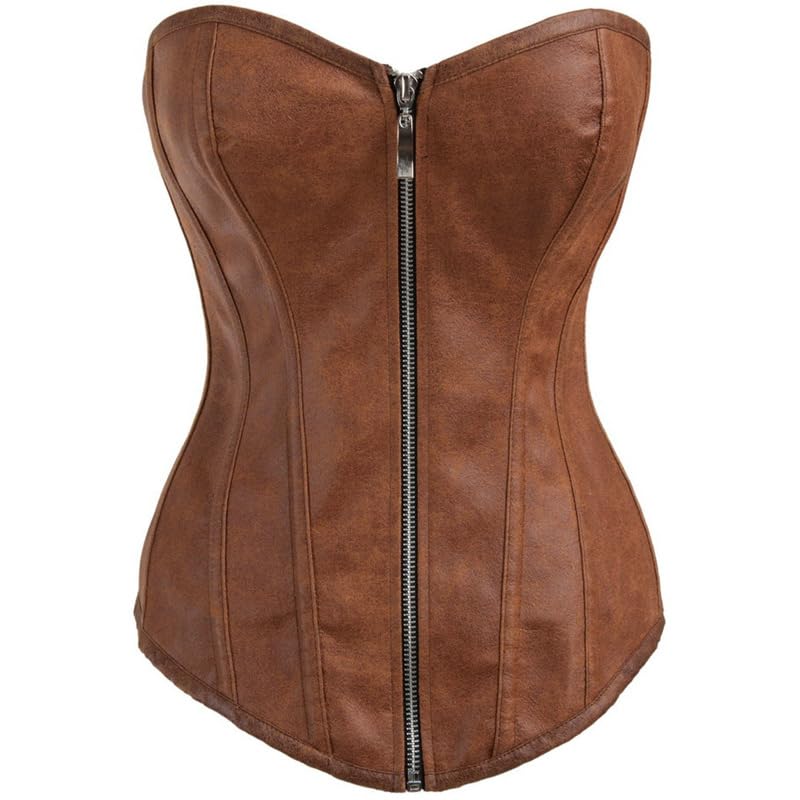 Women’s Brown Gothic Leather Corset Vest | Zipper Palace Style Waist Shaper | Vintage Body Shaping Outerwear-image-19