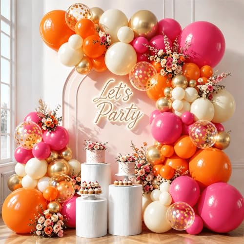 Image of Hot Pink Orange Gold and White Balloon Garland Arch Kit 144 Pcs