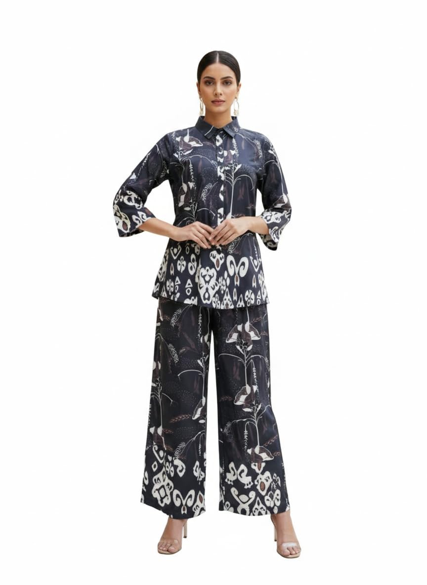 nainvish Women Printed Shirt Style Co Ord Set Button Front Collared Shirt Relaxed Fit Palazzo Modern Casual Coordinated Outfit-picture-21