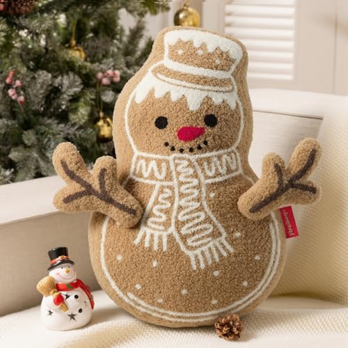 Image of Phantoscope Gingerbread Merry Christmas Throw Pillow, Plush Teddy Xmas Gingerbread Snowman Shaped Pillows with DIY Branch Arms, Christmas Decorative Pillow for Couch, Beige, 19x11.5 inches