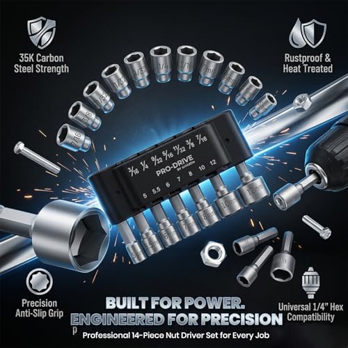 Image of 14 Piece Power Nut Driver Drill Bit Socket Wrench Tool Set | 35K Carbon Steel 1 /4 Inch Hex Shank Nut Driver Bits | Rustproof Wrench Adapter Kit for Drill Machine