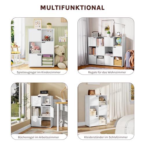 WOLTU Bücherregal, für Arbeitszimmer Schlafzimmer & Wohnzimmer, Bücherschrank mit 3 Türen und 6 Fächer, Aufbewahrungregal, 59,6 x 91 x 29 cm (B x H x T)