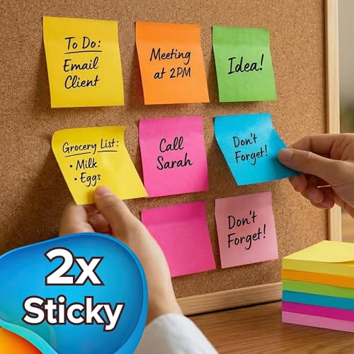 Sticky Notes 3x3 (12 Pads/1200 Sheets) – 2026 Improved Adhesive, Super Sticky & Bright Neon Colors – 1200 Sheets – Ideal for School, Office & Desk Supplies