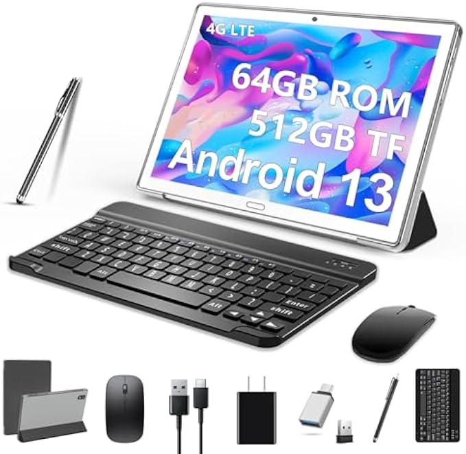 2023 Newest 10 Inch Tablet,2 in 1 Tablet with Keyboard Mouse, Android Tablet 4G Cellular with 2 SIM 1 SD-64GB ROM SD Max 512GB,Octa-Core,1080 FHD,13MP,GMS-Zertifizierung,GPS/ WIFI/ Bluetooth(Silvery)