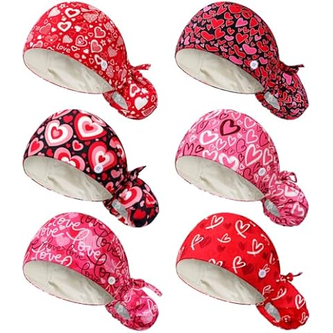 Jadive 6 Pcs Satin Lined Working Hat Valentine's Day Heart Pattern Scrub Caps Adjustable Tie Back Cover Hair Bouffant Hats with Button Sweatband for Doctor Nurse Holiday Gifts Cover