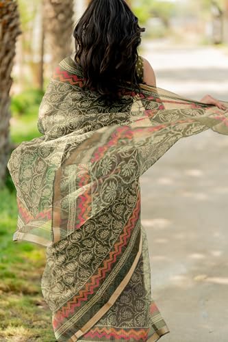 Image of MIRCHI FASHION Kota Doria Cotton Saree with Blouse Piece | Leaf Floral Printed Saree for Women | Traditional Ethnic Daily Wear Summer Saree