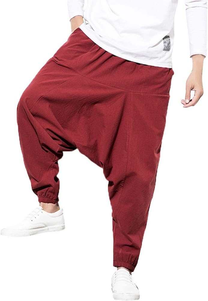 IFOUNDYOU Men's Harem Pants Boho Hippie Wide Baggy Trousers with Drop Crotch Comfortable Elastic Waist Drawstring Pants Bottoms Plus Size