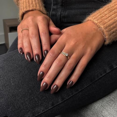 KQueenest 30 Stück Dunkel Braun Press On Nails Kurz Mandel - Acryl Nägel zum Aufkleben, Natürlich Einfarbig Fake Nails Fingernägel zum aufkleben, Glänzende Gel Full Cover Kunstnägel für Frauen