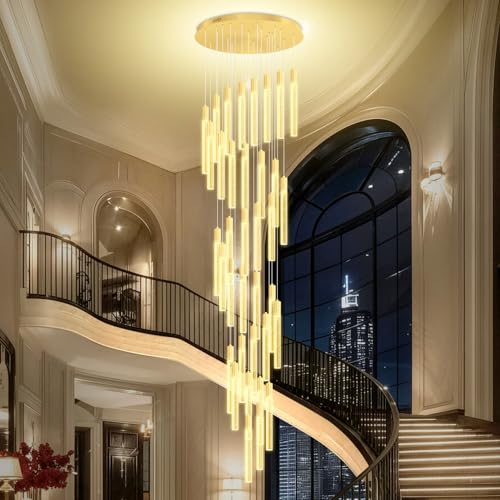 WOSOHYUN Extra Long Crystal Chandelier for High Ceiling, 36-Light Gold Crystal Column Chandeliers, Modern Dimmable LED Light Fixtures for Foyer, Staircase, Hotel Lobby by WOSOHYUN - Used condition - US$974.43