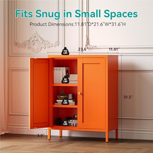 Image of Metal Floor Storage Cabinet, Small Freestanding Sideboard Storage with 2 Adjustable Shelves for Bathroom Entryway Living Room Dining Room Coffee bar,11.8 inchD x 23.6 inchW x 31.5 inchH,3-Tier,Orange