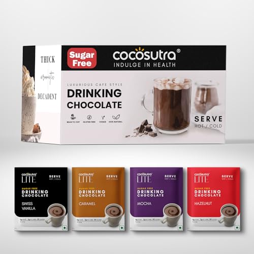 Image of COCOSUTRA Sugar Free Drinking Chocolate Hamper | Travel Friendly | 4*5 Single Serve Sachets | 4 Hot Chocolate Flavors | Zero Sugar, Low Carb, Low Calorie | Stevia & Erythritol based | Gift Pack | Gluten Free & Vegan | Enjoy Hot or Cold | 400g