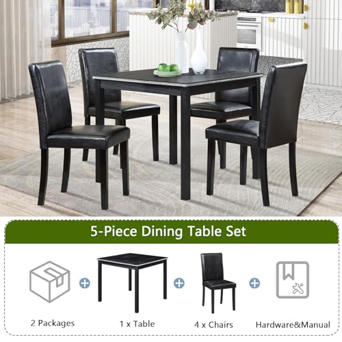 Image of KEIKI 5-Piece Standard Height Dining Table Set with Square Table and 4 Upholstered Chair, for 4 Person, Classic Crystal Decoration Wood Table Set, Easy Assembly, for Kitchen, Dining Room, Black