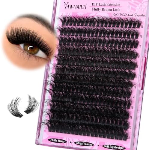 Yawamica Fluffy Lash Clusters Thick 200D Volume Eyelash Clusters 14-20mm Wispy Individual Lashes D Curly Cluster Eyelash Extensions 240pcs DIY Lash Extension for Beginners
