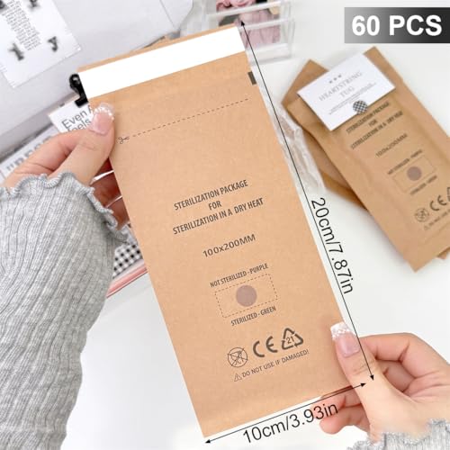 YUVKIN 60 PCS Disposable Kraft Sterilization Bags for Autoclave, Dry Sterilizer, Manicure and Pedicure Instruments, Suitable for Dentists and Beauticians (100 x 200 mm)
