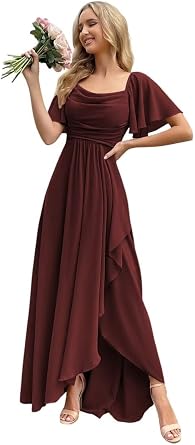 Chiffon A Line Bridesmaid Dresses for Women Flutter Sleeve Long Formal Evening Dress with Slit