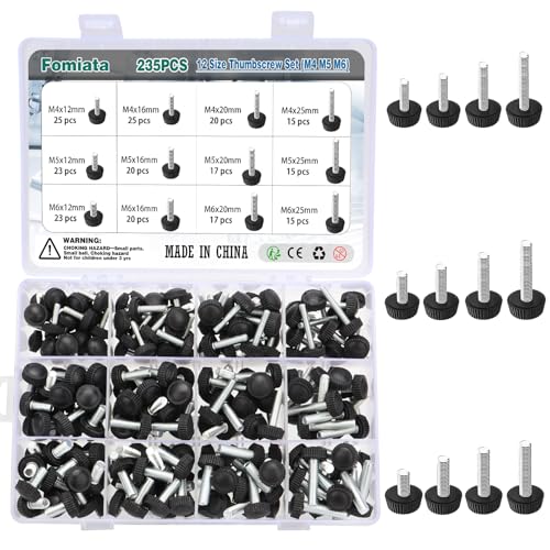 Fomiata Juego de 235 tornillos moleteados de 12 tamaños, M4, M5, M6, rosca de carbono, tornillo moleteado con rosca, tornillo de fijación, tornillos moleteados de cabeza redonda