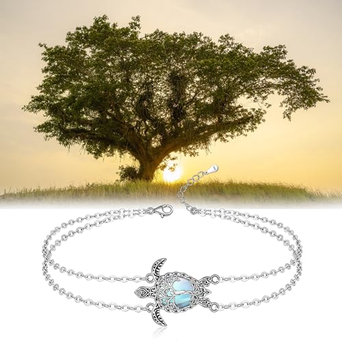 Image of Fenthring Turtle Anklet Tree of Life Sea Turtle Ankle Bracelets for Women Sterling Silver Anklets Beach Ocean Jewelry Christmas Gifts
